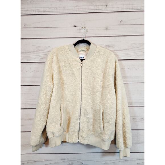 Old Navy Women's Cream Off White Sherpa Bomber Jacket Cozy Warm Zip-Up Size‎ XL - Picture 1 of 6